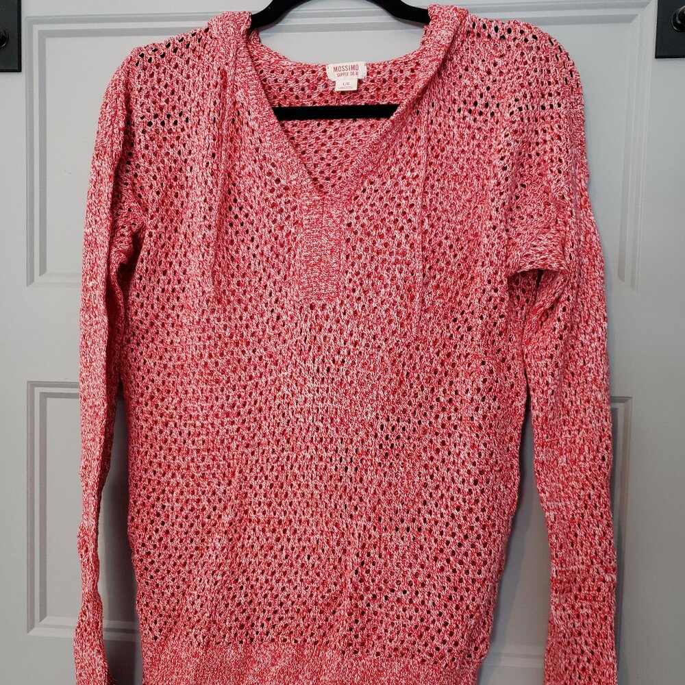 red white marled Mossimo soft textured open knit hooded sweater hoodie, size L